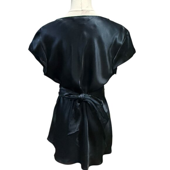 Express Y2K 100% Silk Black Short Sleeve V-neck Tie Back Womens Top Size Large - Picture 4 of 9